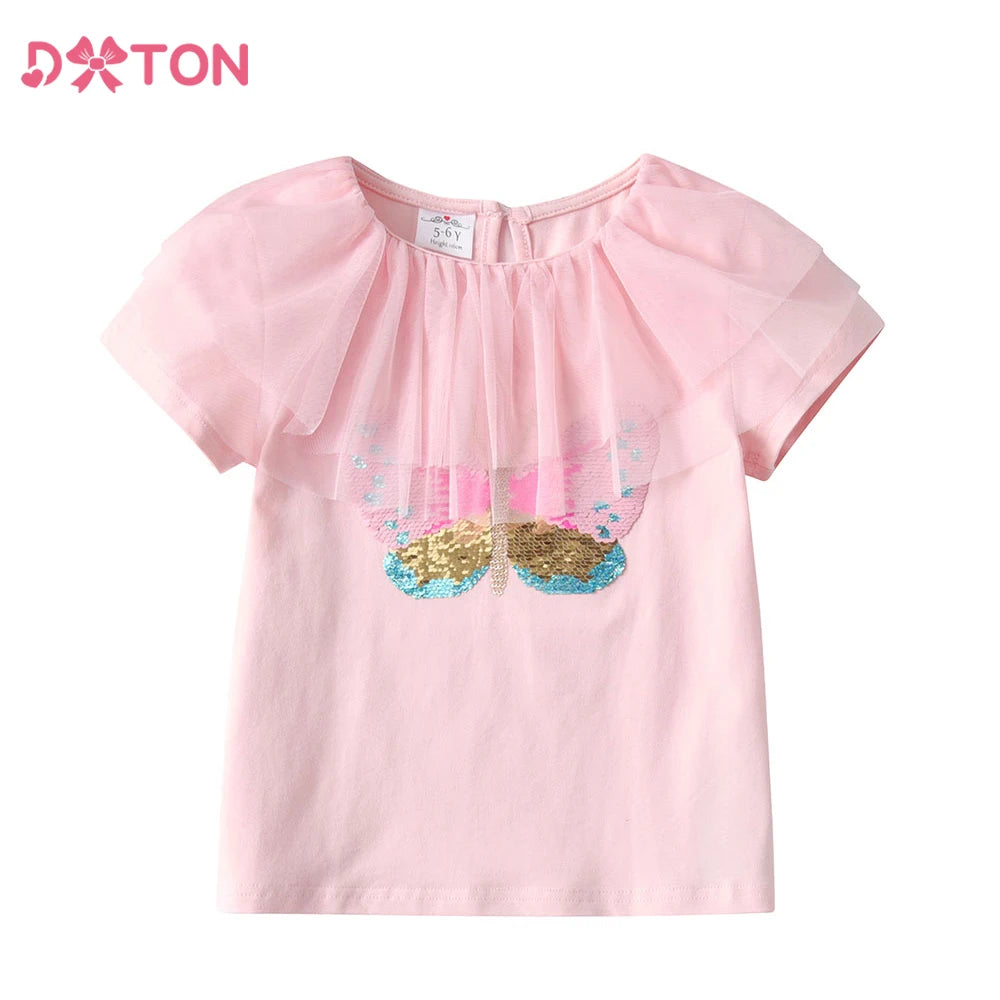 T-Shirt Fille Papillon Paillettes — Manches Courtes Coton Enfant