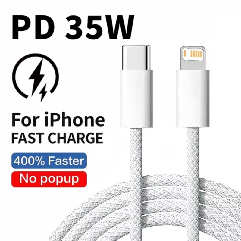 Câble PD 35W Charge Rapide pour iPhone 14 13 12 11 Pro Max XR XS — USB-C Tressé 1m 2m