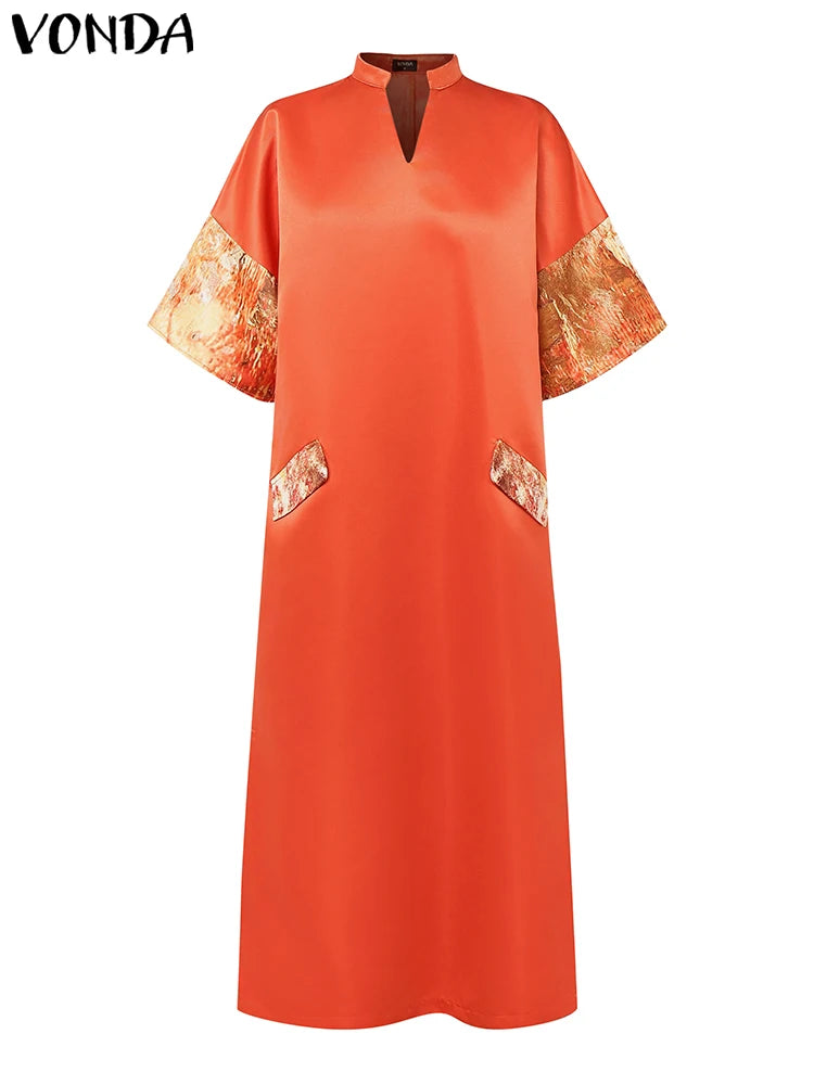 Robe Maxi Bohémienne Satin Col V — Manches Courtes Couleur Unie Été