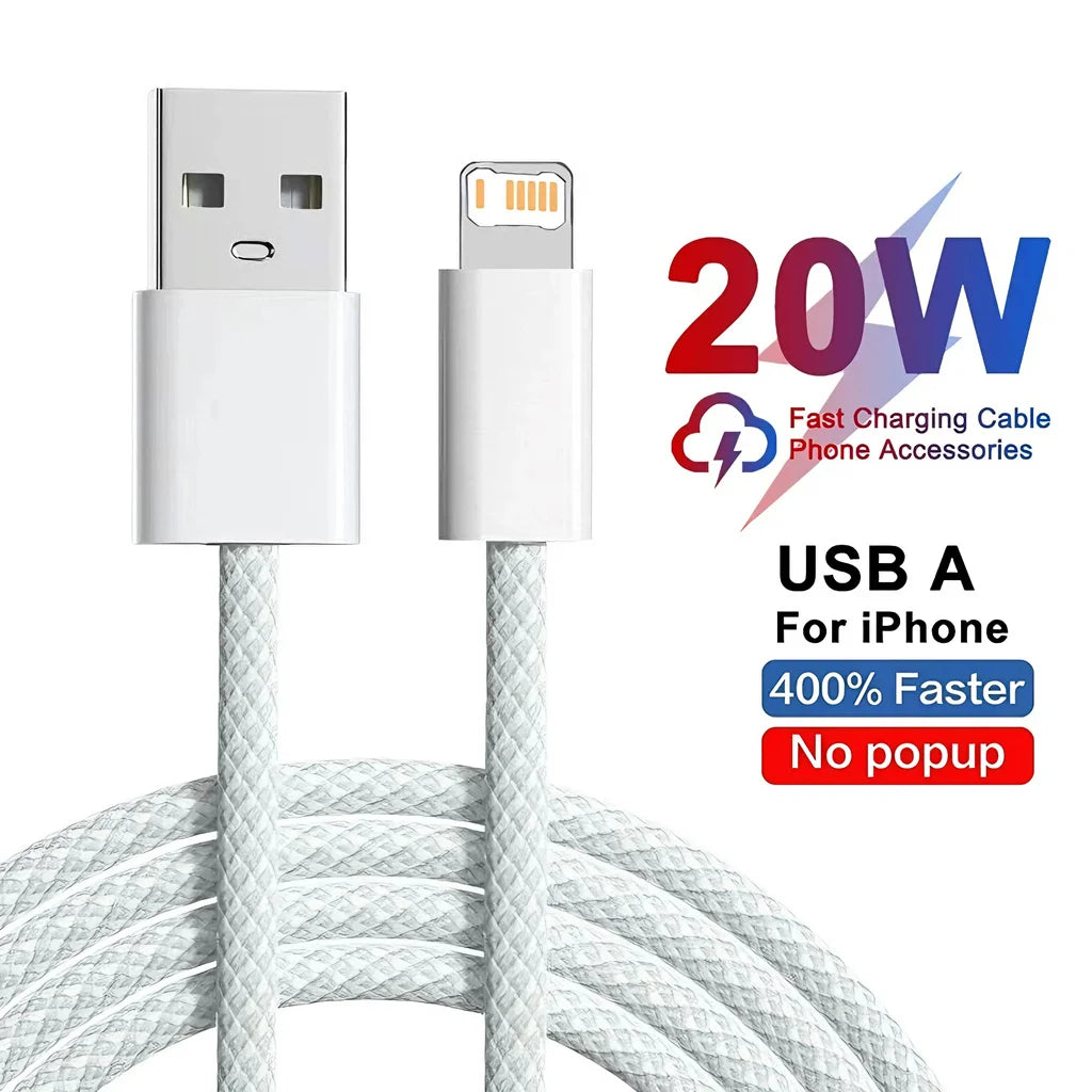 Câble USB Lightning 20W Tressé Charge Rapide pour iPhone 14 13 12 11 XR XS 8 7 6 — 1m 2m