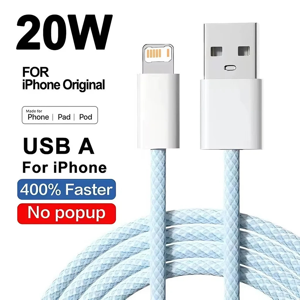 Câble USB Lightning 20W Tressé Charge Rapide pour iPhone 14 13 12 11 XR XS 8 7 6 — 1m 2m