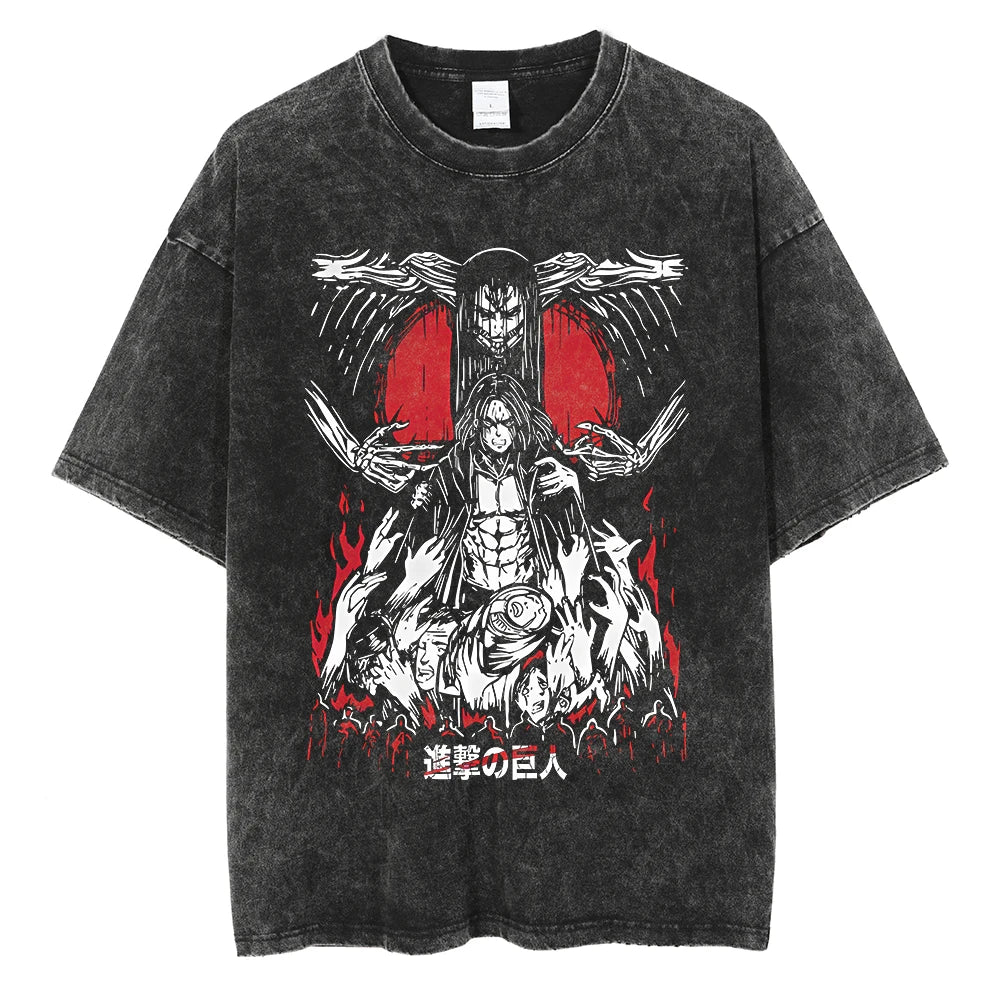 Oversized Attack on Titan Washed Summer T-Shirt, Vintage Distressed Anime Graphic Streetwear for Men Women, Survey Corps AOT Tee