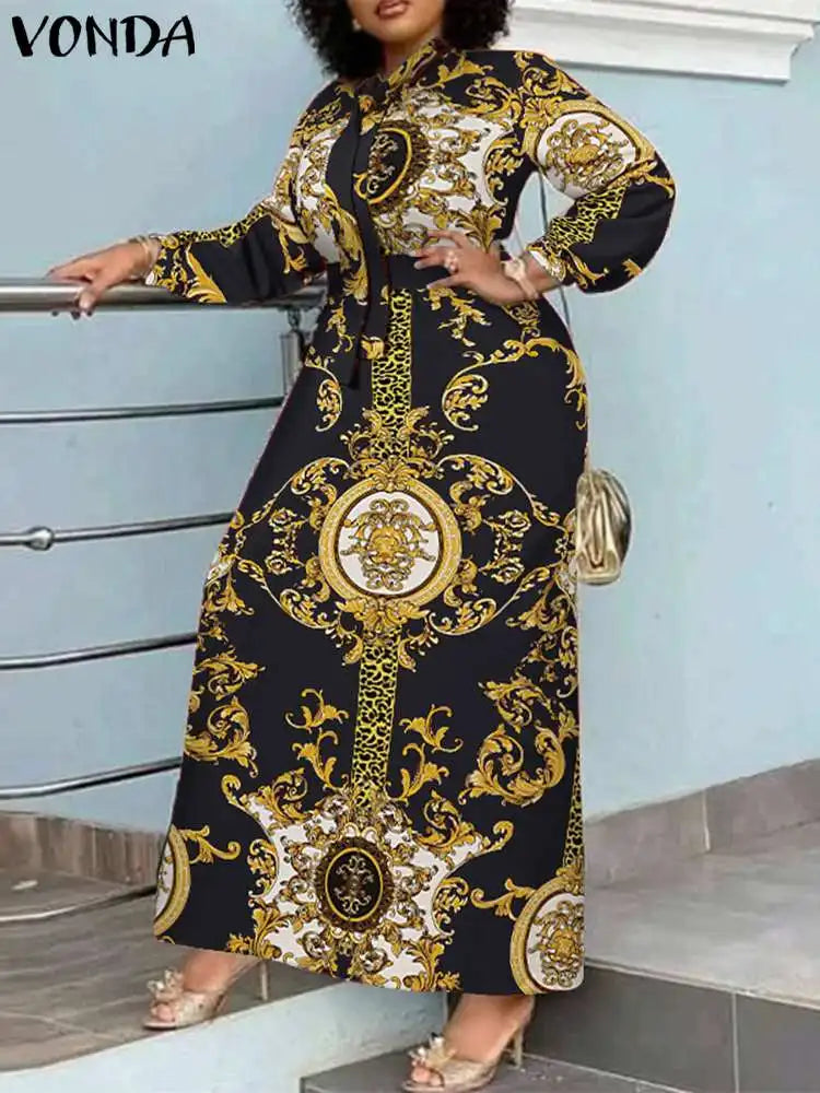 Robe Maxi Bohémienne Femme — Imprimée Longue Manches Longues Ceinturée