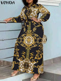 Robe Maxi Bohémienne Femme — Imprimée Longue Manches Longues Ceinturée