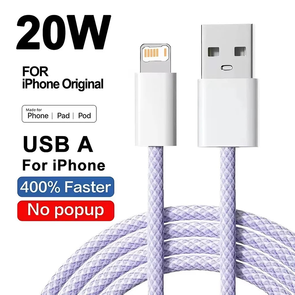 Câble USB Lightning 20W Tressé Charge Rapide pour iPhone 14 13 12 11 XR XS 8 7 6 — 1m 2m