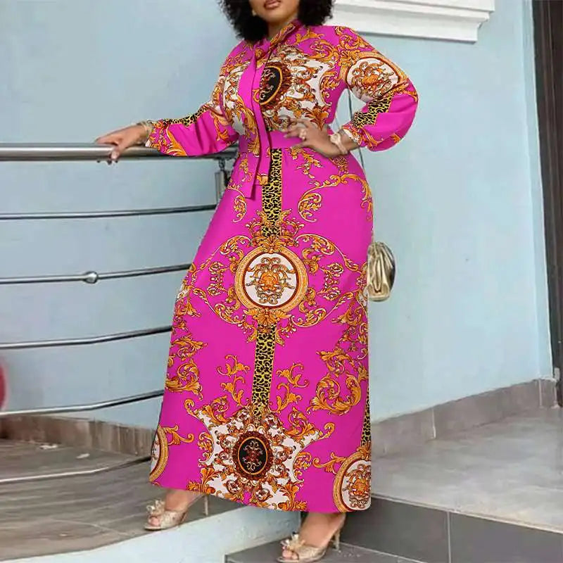 Robe Maxi Bohémienne Femme — Imprimée Longue Manches Longues Ceinturée
