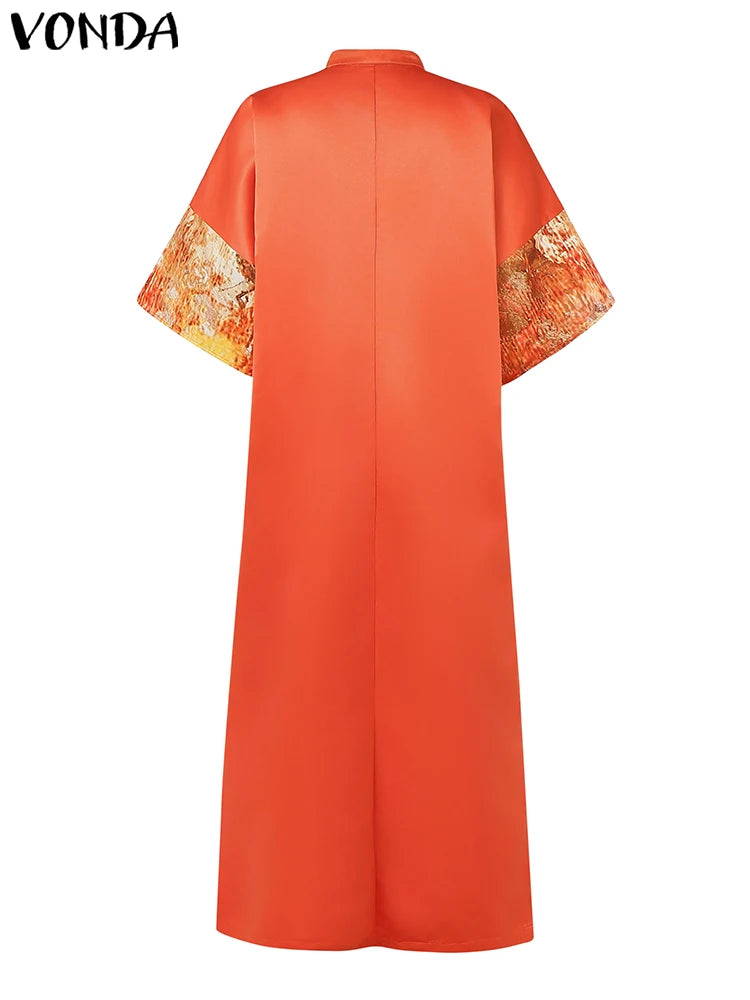 Robe Maxi Bohémienne Satin Col V — Manches Courtes Couleur Unie Été