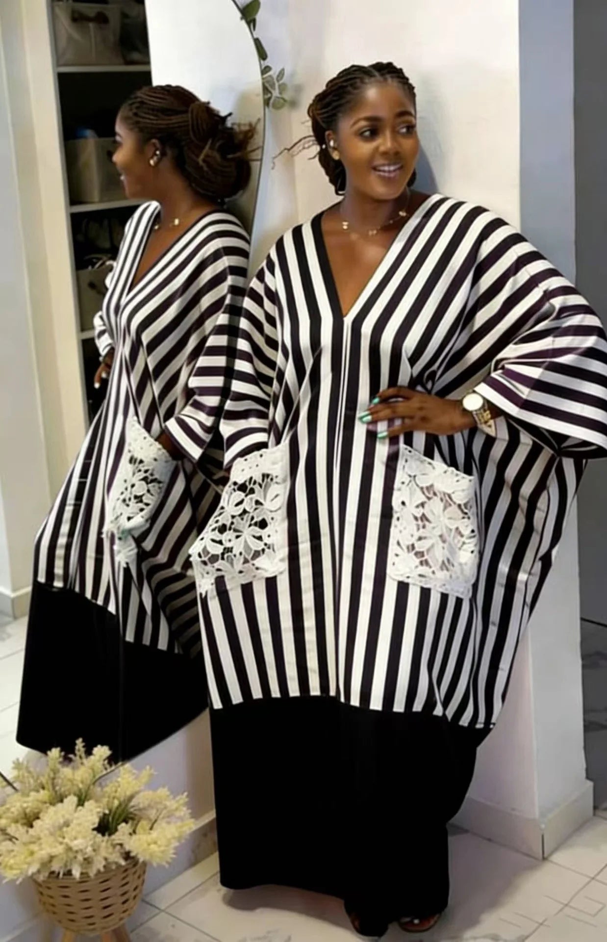 Robe Longue Femme Col V Rayée — Style Décontracté Grande Taille Automne 2026