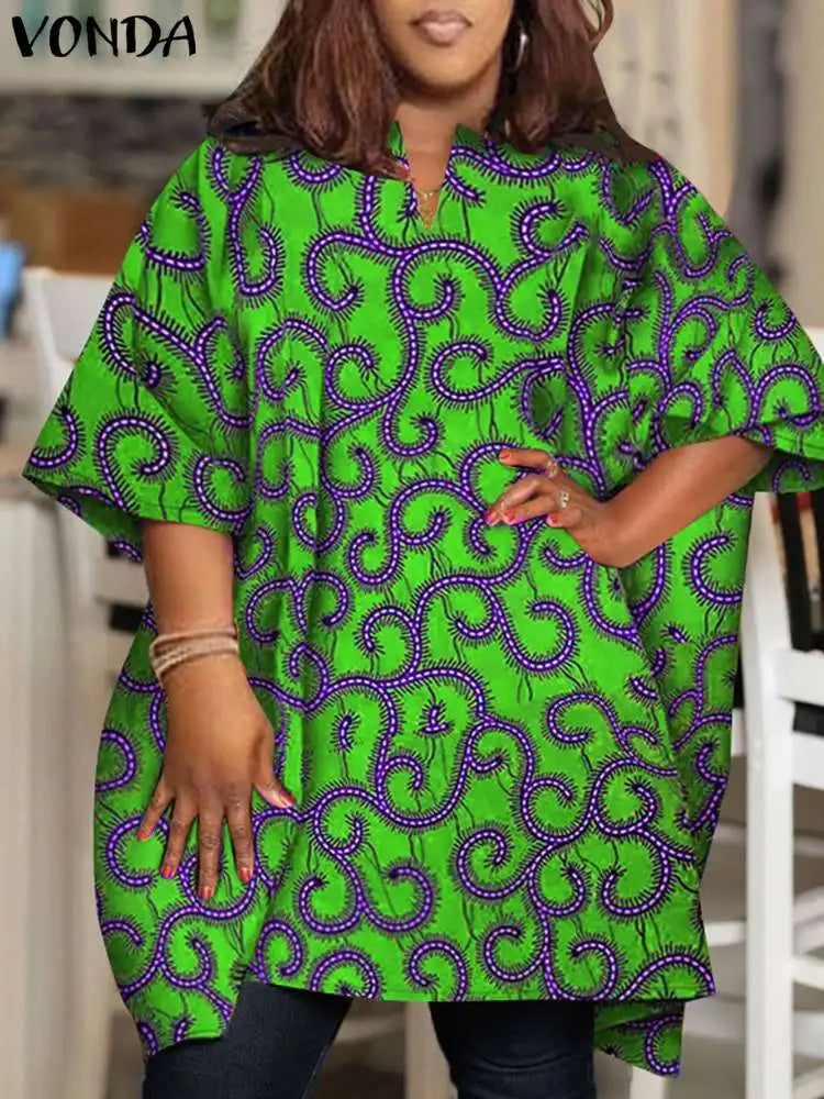 Plus Size VONDA Women Blouses 2024 Elegant Half Sleeve Printed Shirts Bohemian V Neck Tops Fashion Casual Loose Blusas Oversized