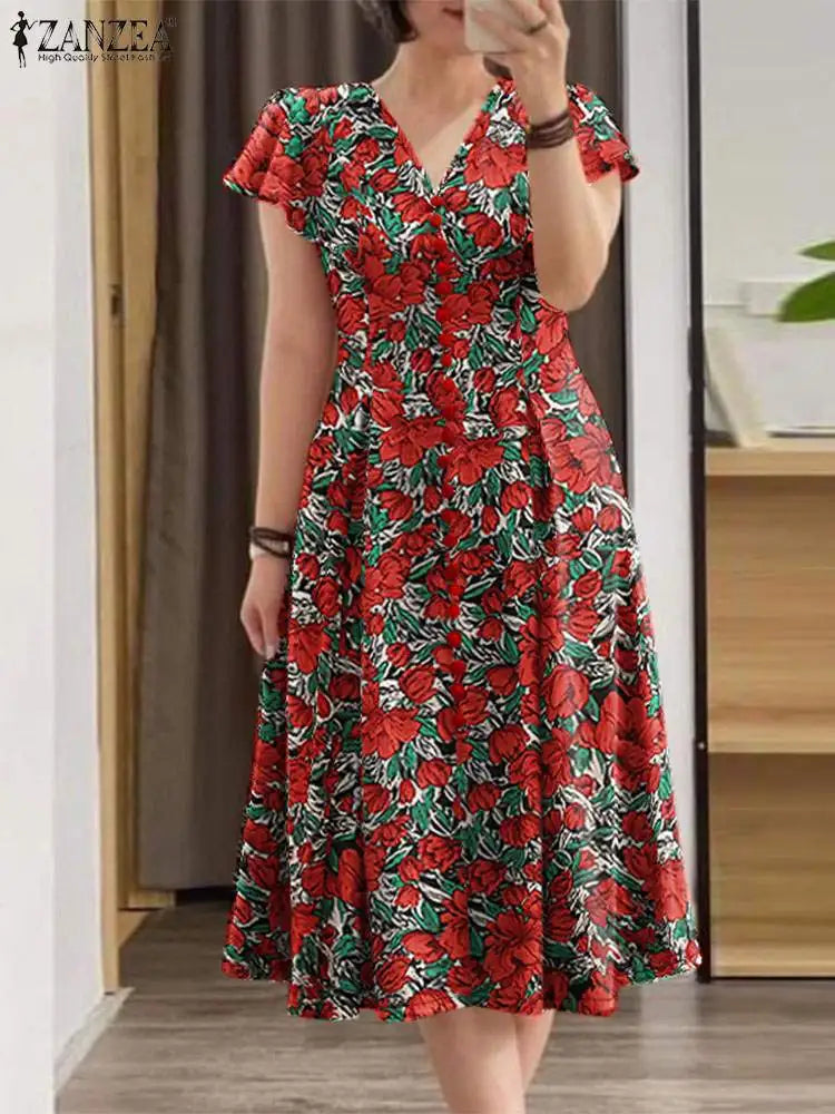 Robe Mi-Longue Femme Fleurie — Taille Cinée Col V Manches Courtes