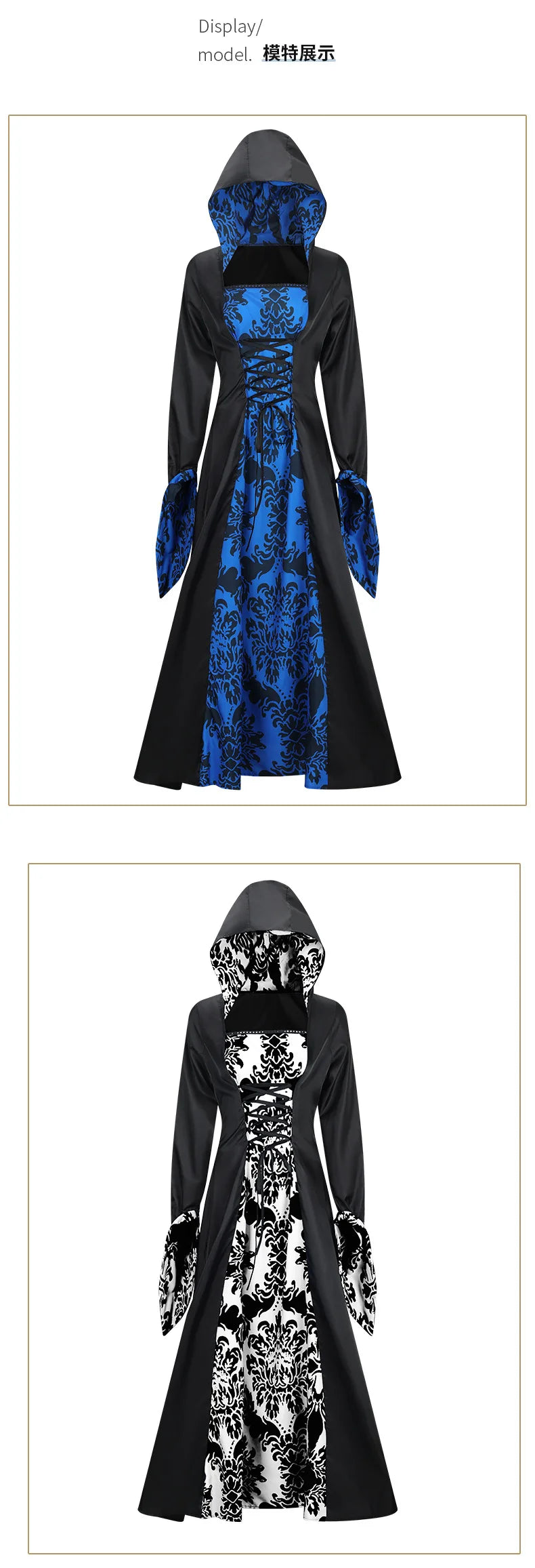 Robe Médiévale À Capuche Imprimée — Tenue de Scène Rétro Femme