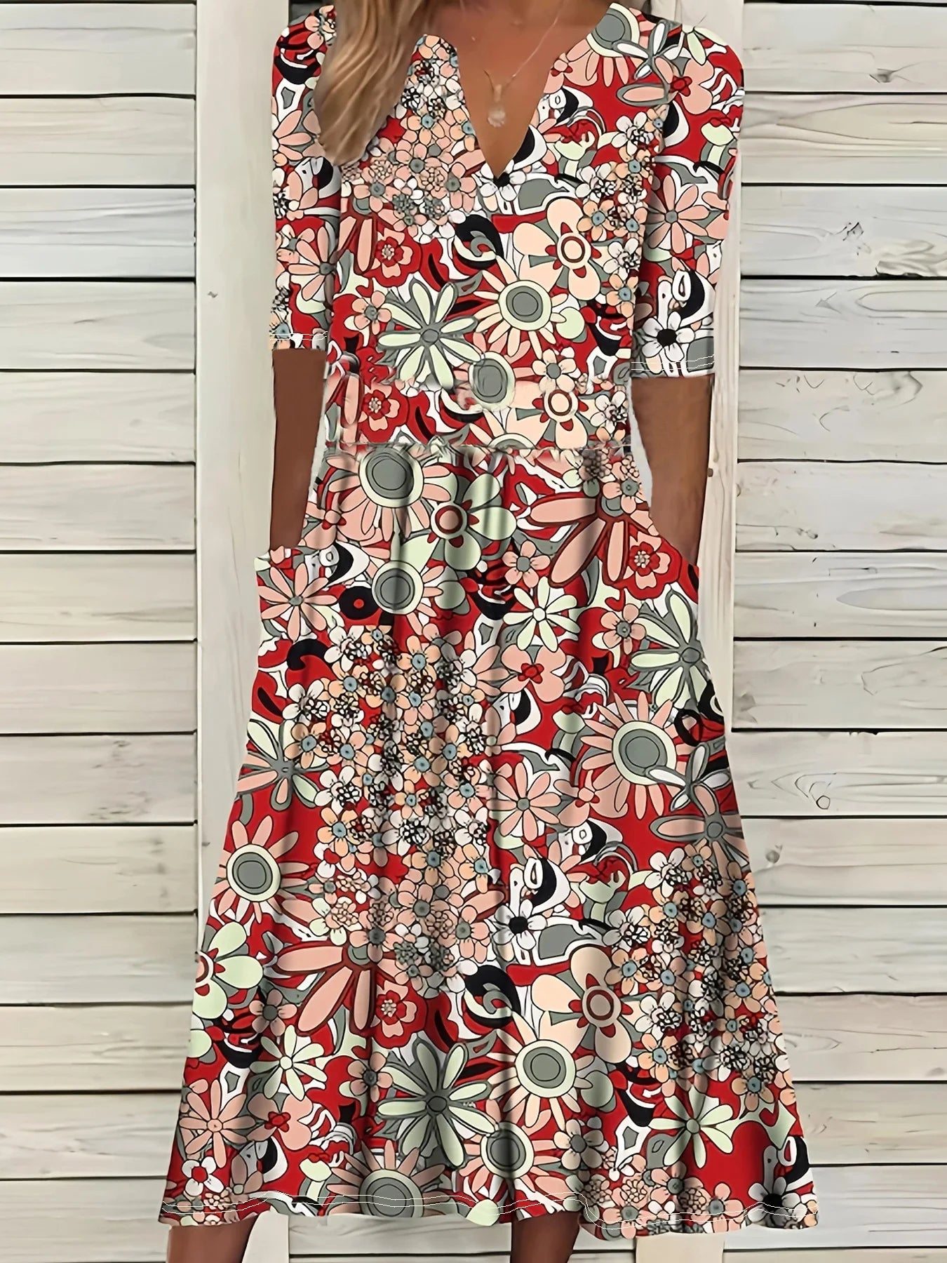 Robe Longue Bohémienne Fleurie — Col V Manches Mi-Longues Poches Plage