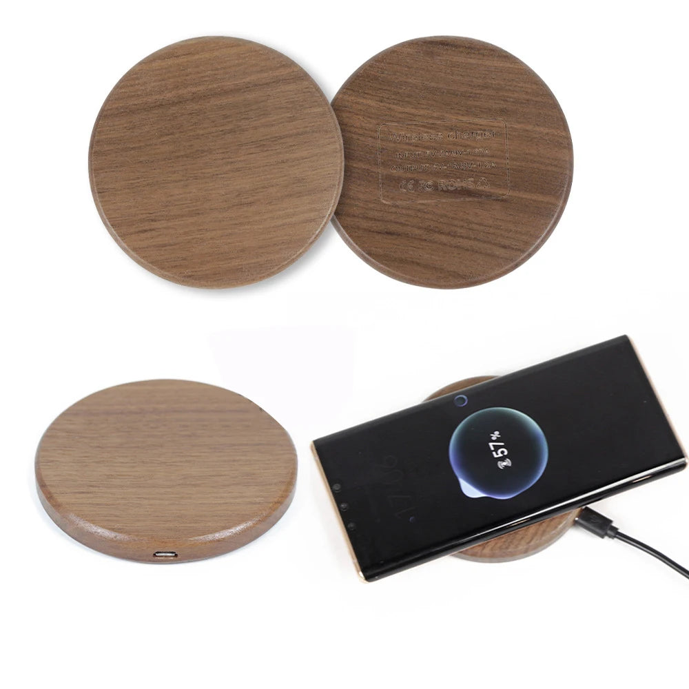Chargeur Sans Fil Design Bois Noyer 15W pour iPhone 17 16 15 14 13 Pro Max Samsung S25 S26