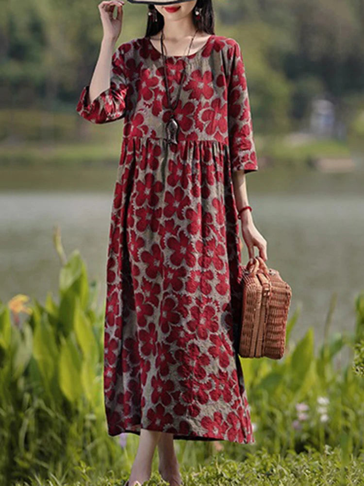 Robe Maxi Bohémienne Vintage Florale — Manches Longues Grande Taille