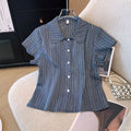 Women's French Style Polo Collar Short Sleeve Chiffon Blouse Elegant Casual  Shirt