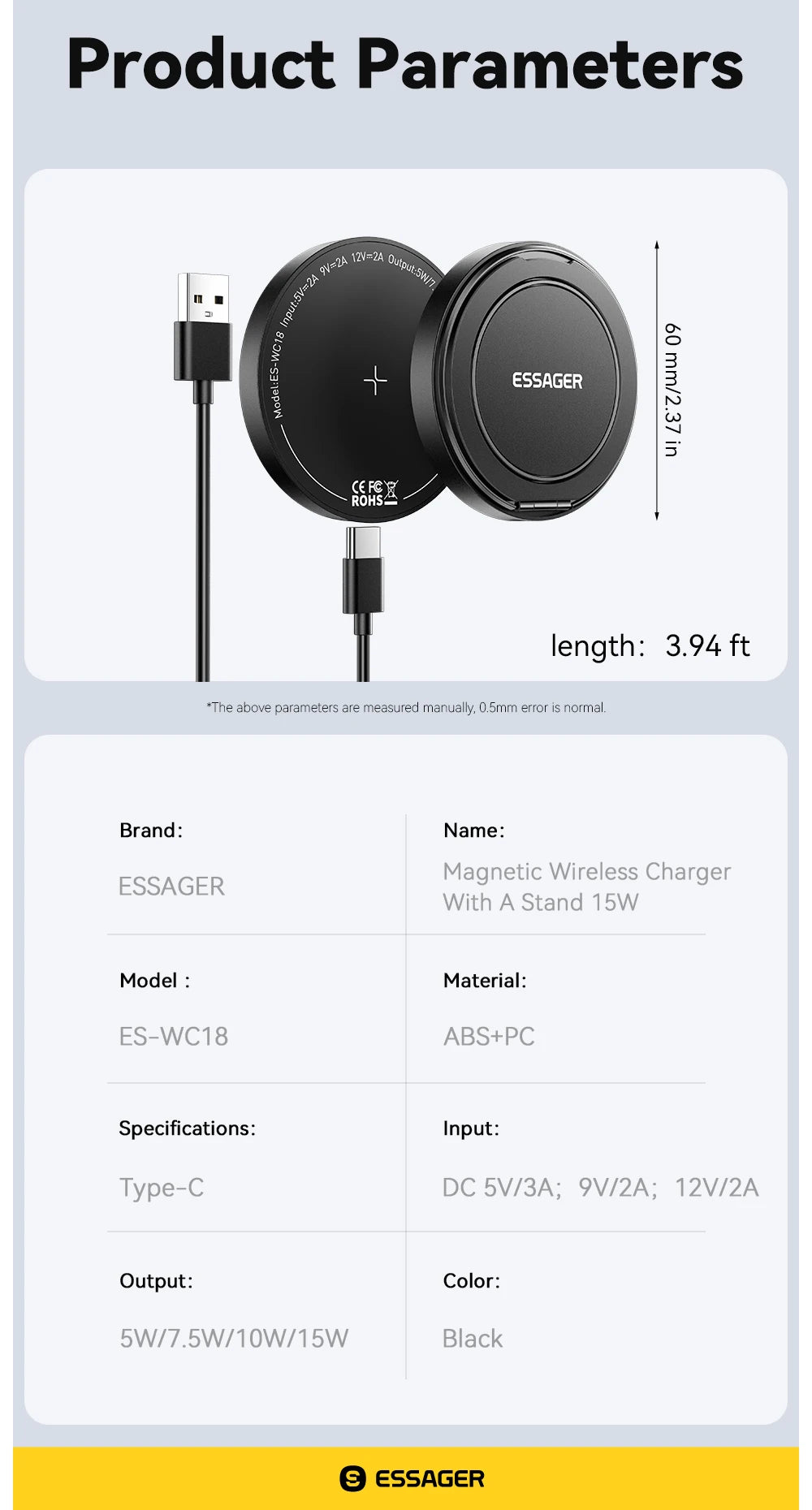 Chargeur Sans Fil Magnétique Essager 15W pour iPhone 16 15 14 13 Pro Max AirPods