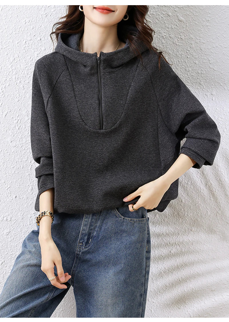 Oversize Hoodies Long Sleeve Zipper Pullovers Dark Gray Tops Jumper Sweatshirts Women