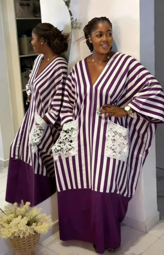 Robe Longue Femme Col V Rayée — Style Décontracté Grande Taille Automne 2026