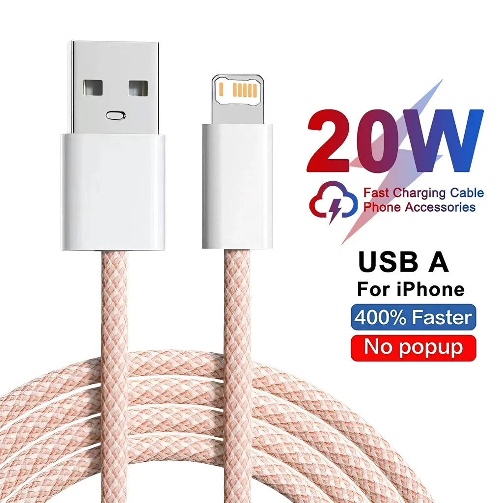 Câble USB Lightning 20W Tressé Charge Rapide pour iPhone 14 13 12 11 XR XS 8 7 6 — 1m 2m