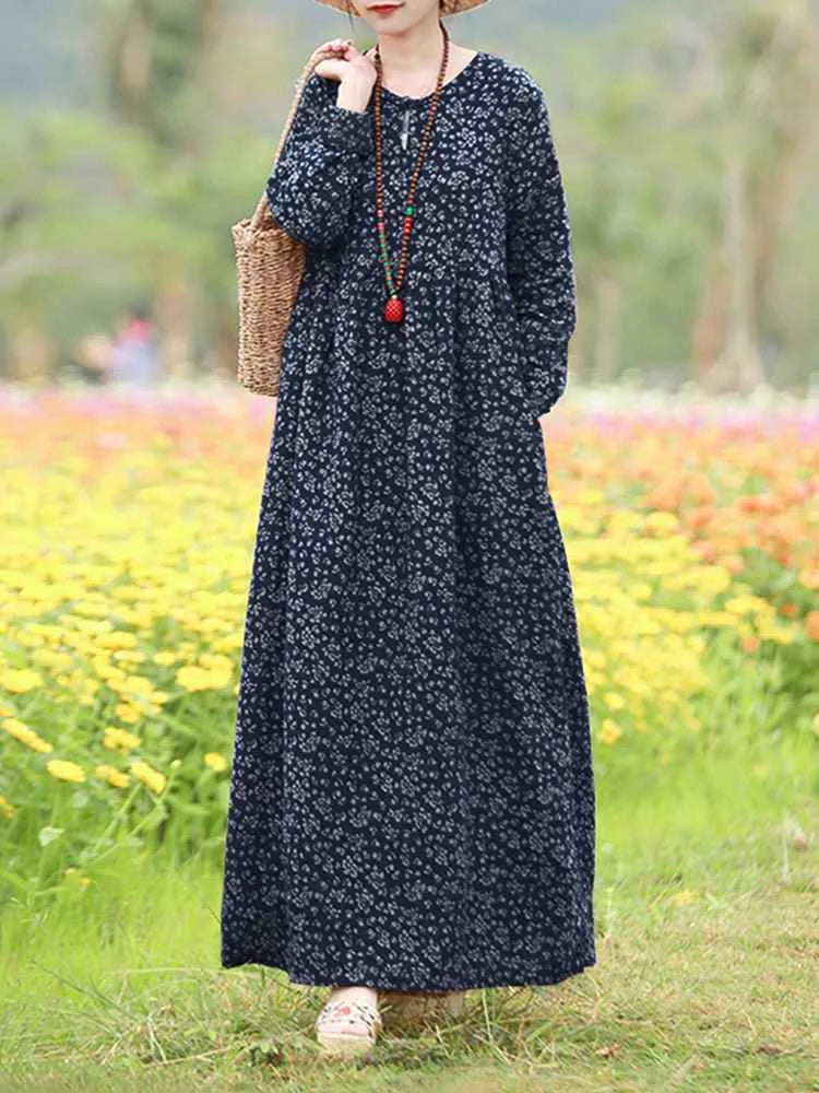 Robe Maxi Bohémienne Vintage Florale — Manches Longues Grande Taille