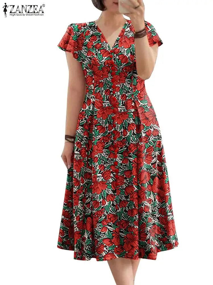 Robe Mi-Longue Femme Fleurie — Taille Cinée Col V Manches Courtes