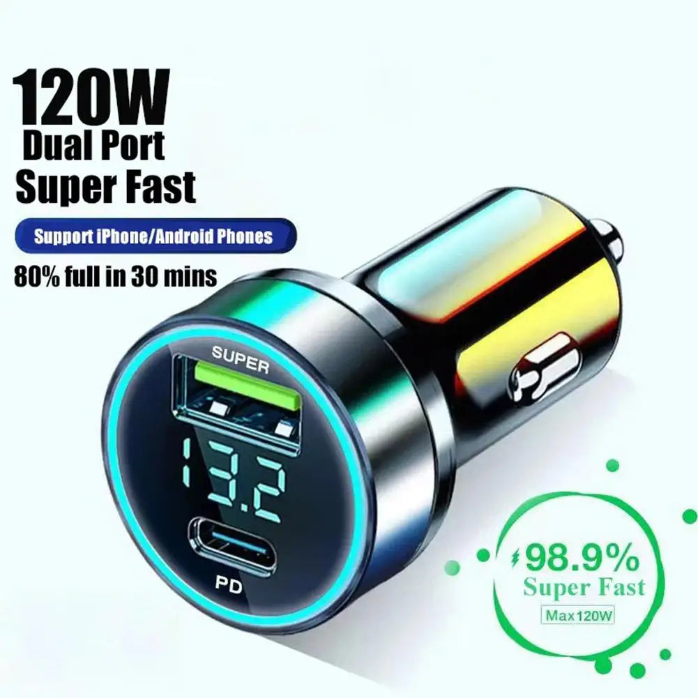 Chargeur Voiture Rapide 120W+20W PD Double USB-C pour iPhone 13 Pro et Smartphones