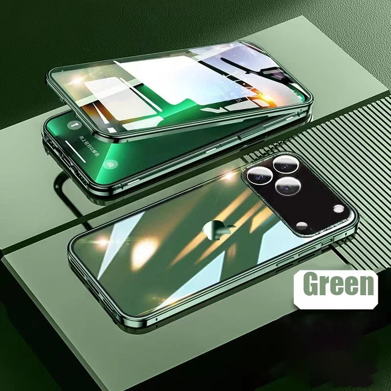 Coque magnétique métal 360° iPhone – Verre double face, verrouillage snap, protection totale