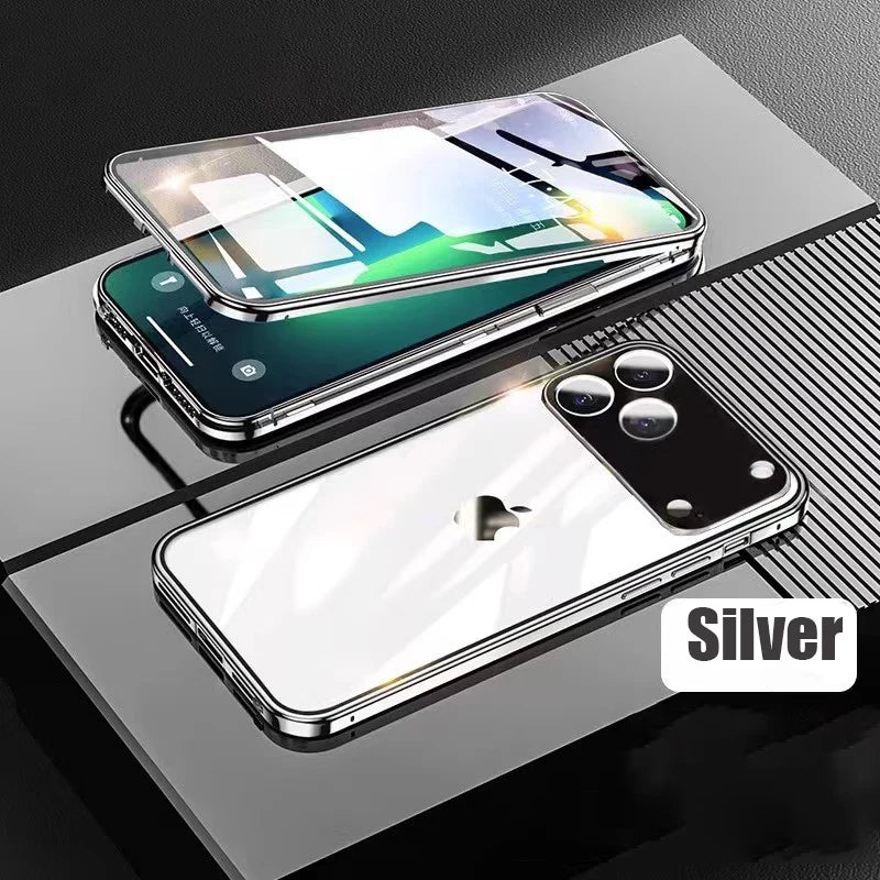 Coque magnétique métal 360° iPhone – Verre double face, verrouillage snap, protection totale