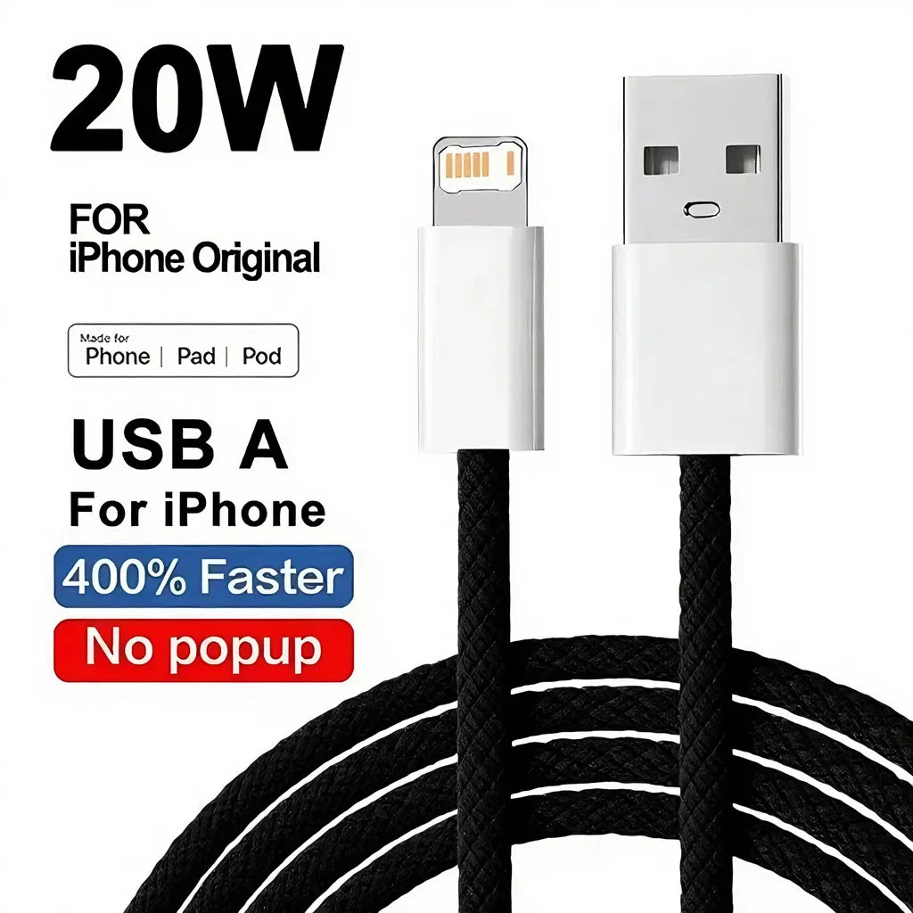 Câble USB Lightning 20W Tressé Charge Rapide pour iPhone 14 13 12 11 XR XS 8 7 6 — 1m 2m