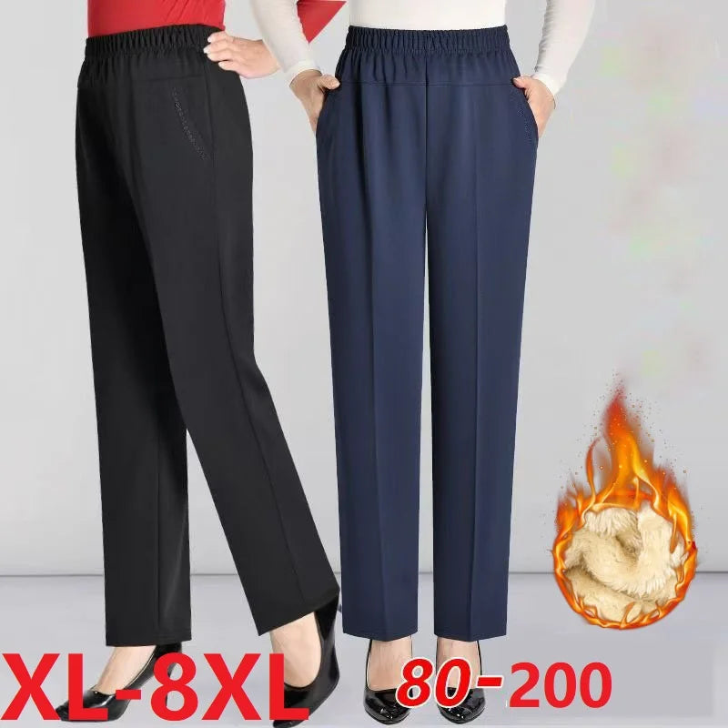 Oversize 8XL Women Trousers 2026 New Solid Elastic High Waist Casual Pants Autumn Winter Female Straight Pants Mother Long Pants