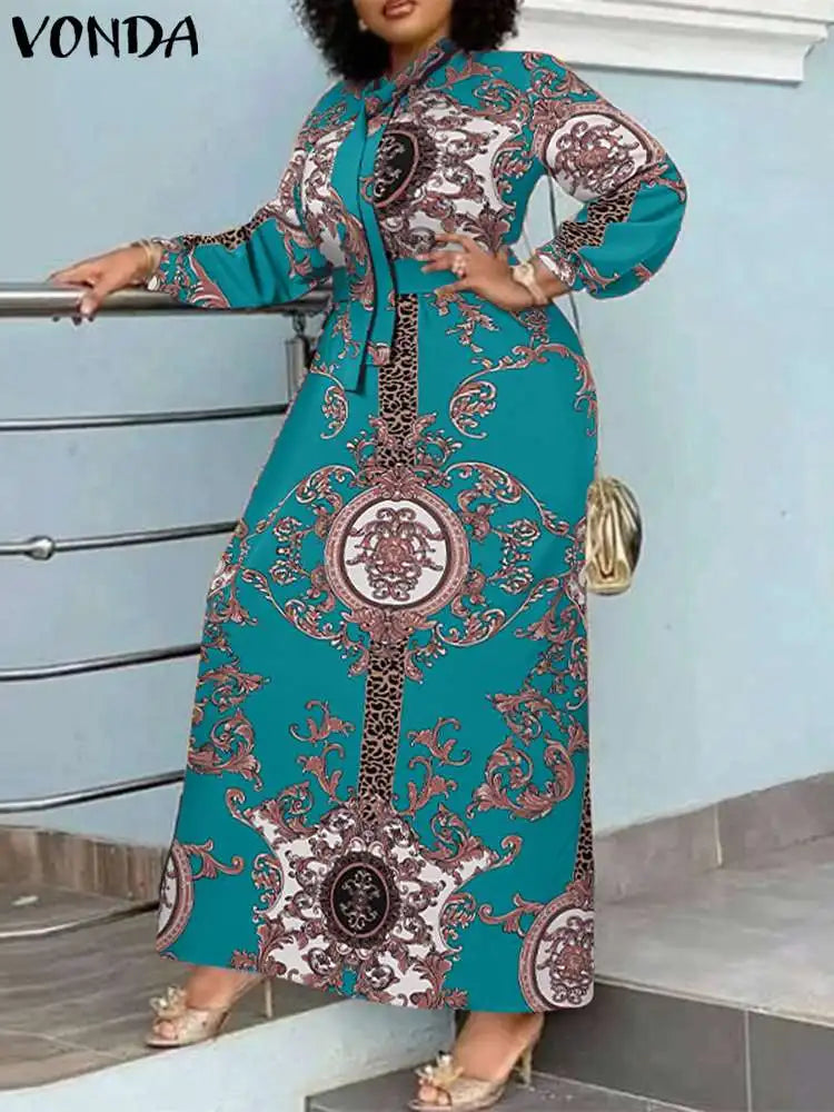 Robe Maxi Bohémienne Femme — Imprimée Longue Manches Longues Ceinturée
