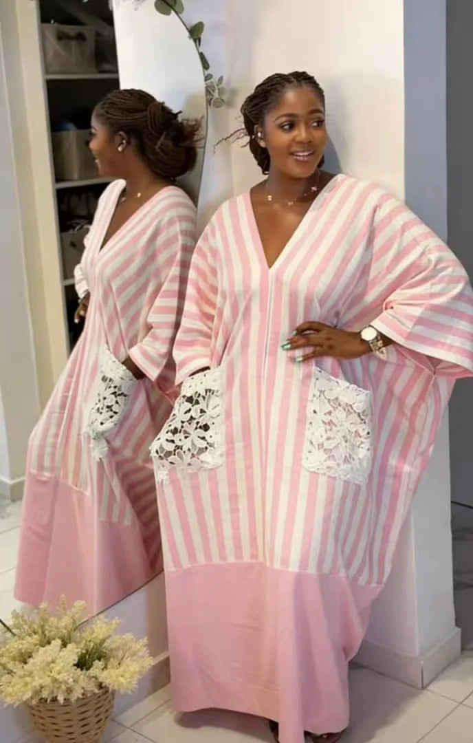 Robe Longue Femme Col V Rayée — Style Décontracté Grande Taille Automne 2026