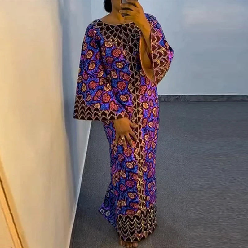 Robe Bohémienne Imprimée — Manches Évasées Maxi Oversize Col Rond