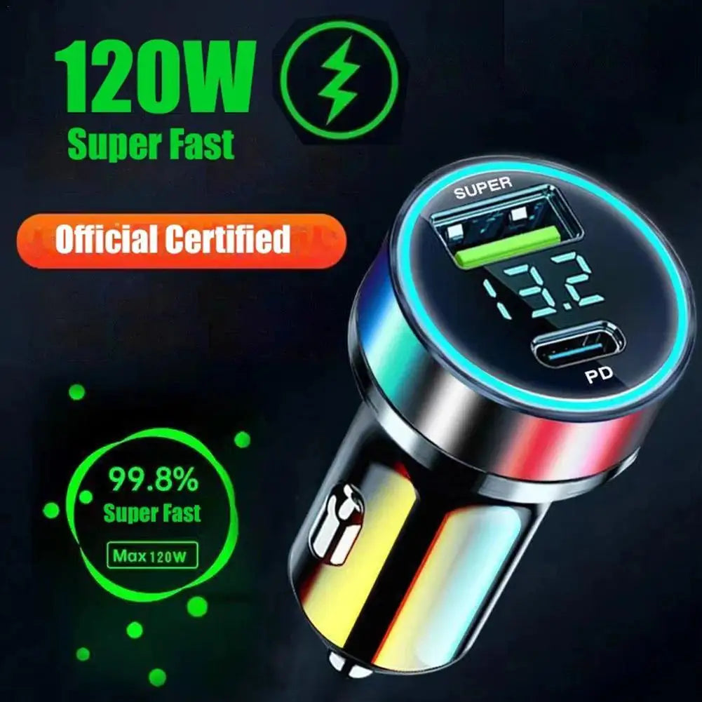 Chargeur Voiture Rapide 120W+20W PD Double USB-C pour iPhone 13 Pro et Smartphones
