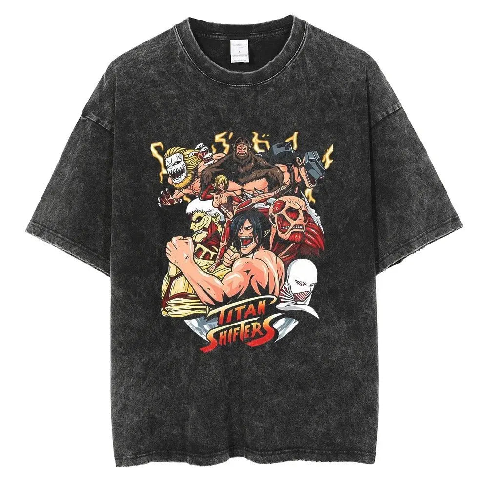 Oversized Attack on Titan Washed Summer T-Shirt, Vintage Distressed Anime Graphic Streetwear for Men Women, Survey Corps AOT Tee