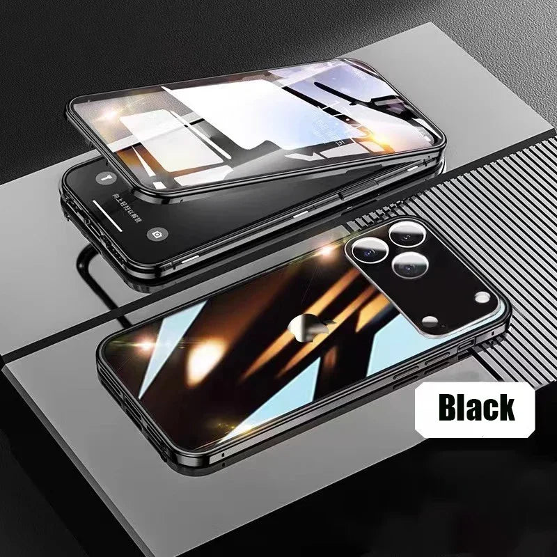 Coque magnétique métal 360° iPhone – Verre double face, verrouillage snap, protection totale