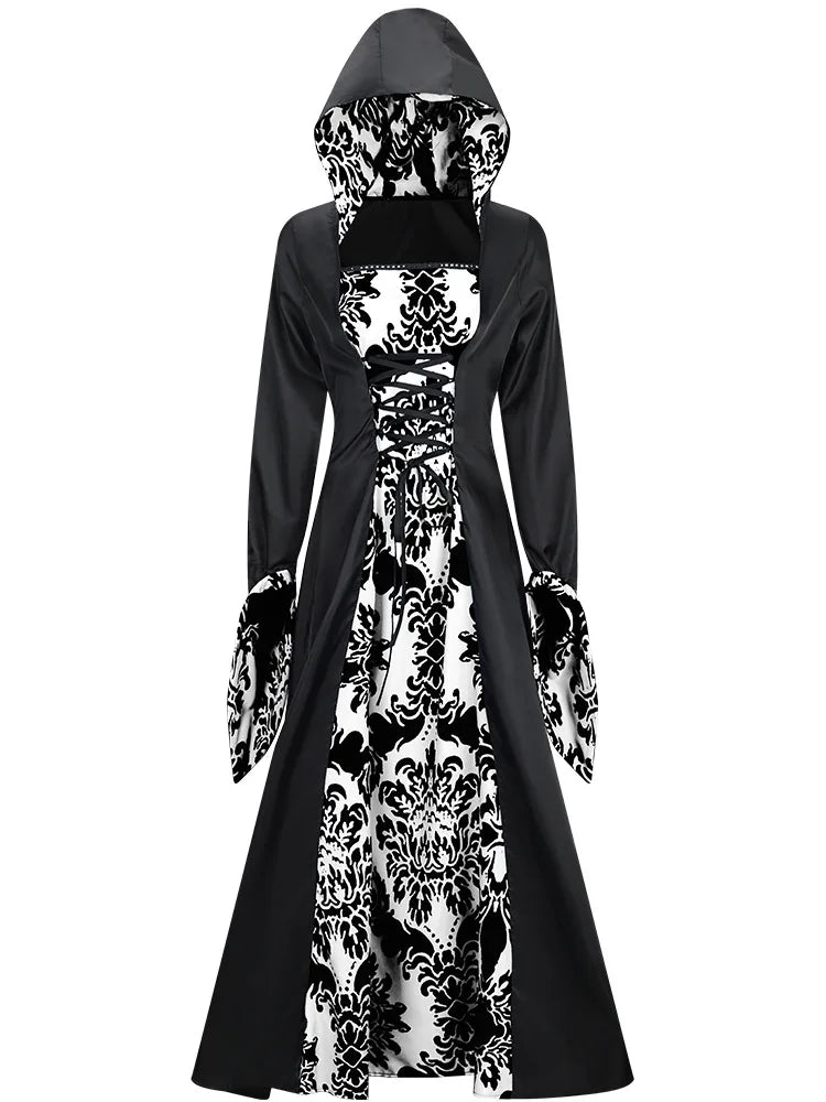 Robe Médiévale À Capuche Imprimée — Tenue de Scène Rétro Femme