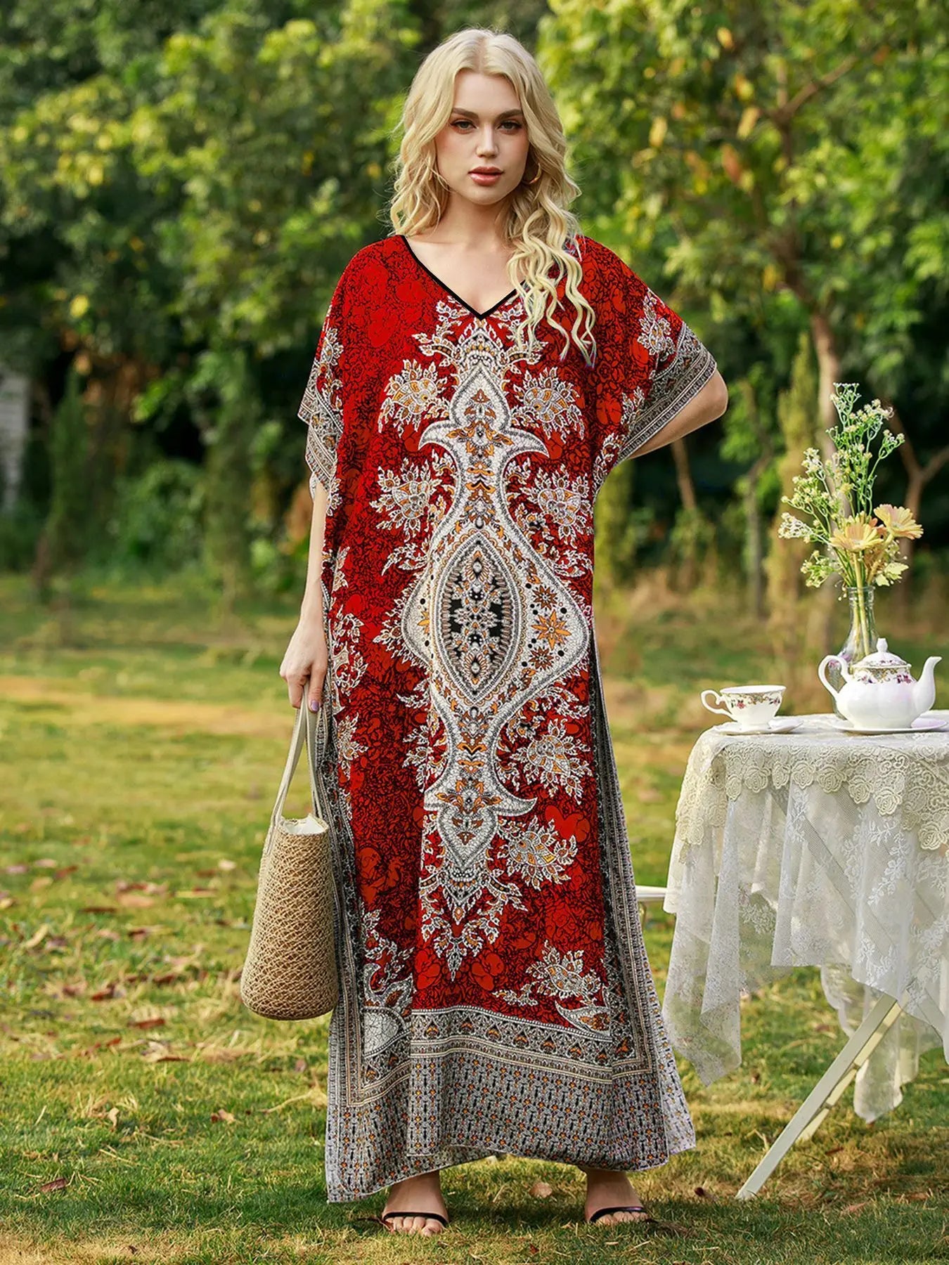 Robe Longue Bohémienne Col V — Imprimé Ethnique Plage Moyen-Orient