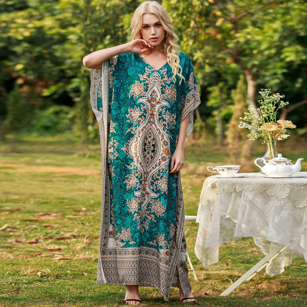 Robe Longue Bohémienne Col V — Imprimé Ethnique Plage Moyen-Orient