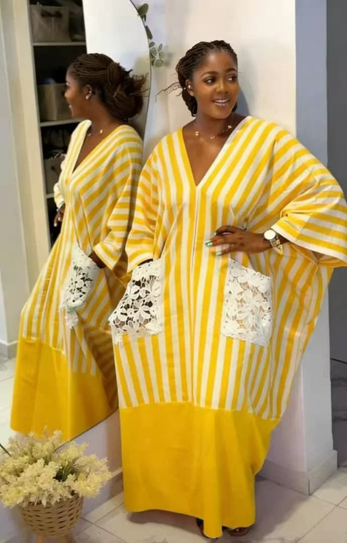 Robe Longue Femme Col V Rayée — Style Décontracté Grande Taille Automne 2026