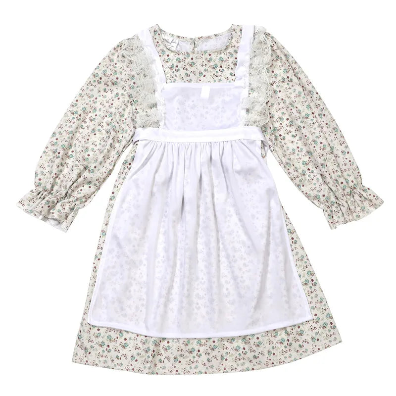 Robe Fille Style Victorien Imprimé Floral — Costume Fête & Spectacle avec Chapeau