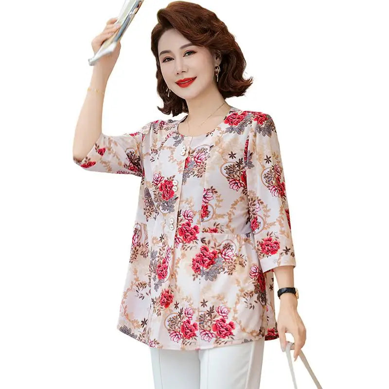 Elegant Oversize Shirts for Women T-SHIRT Tops Loose Vintage Blouse Summer Middle-aged Women's Clothing