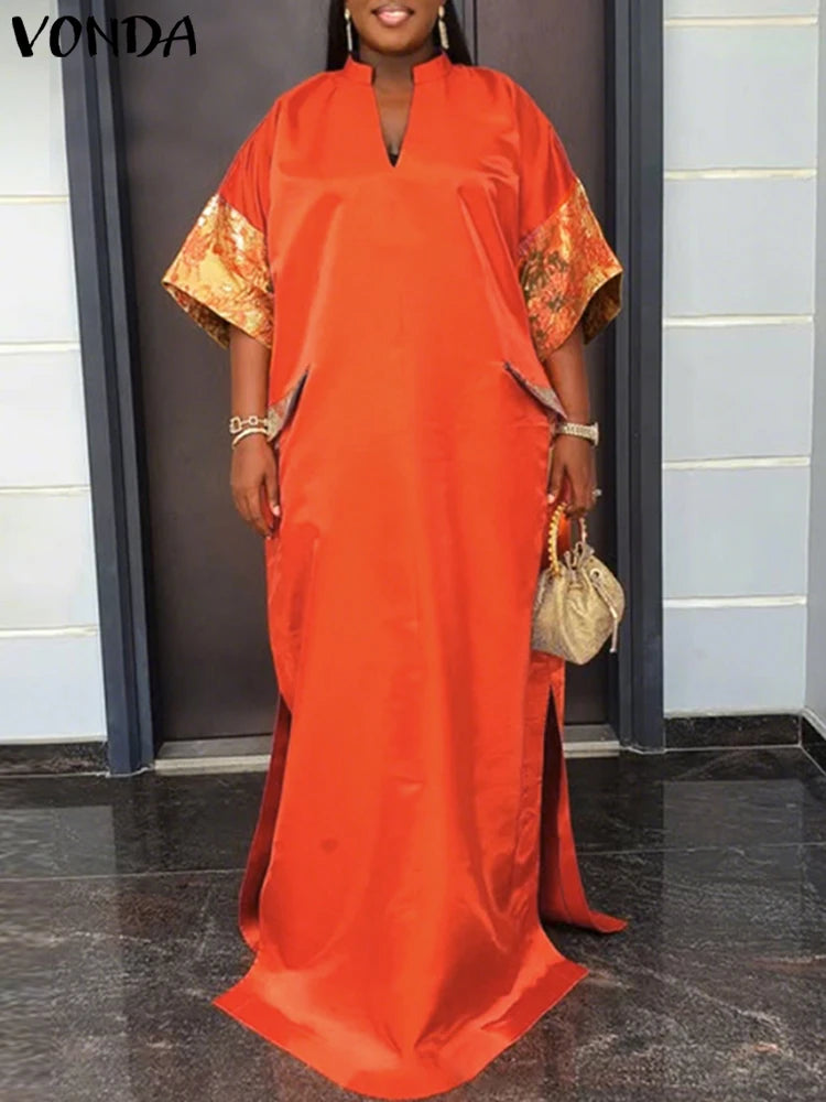 Robe Maxi Bohémienne Satin Col V — Manches Courtes Couleur Unie Été