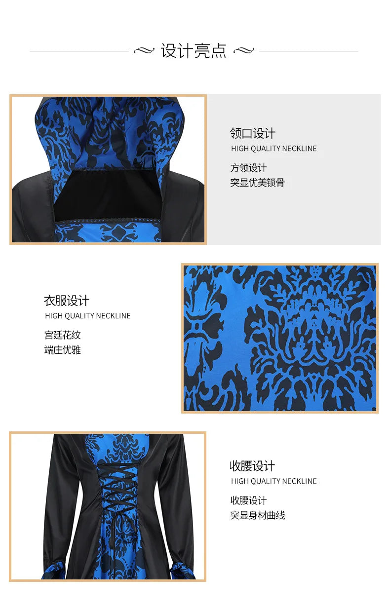 Robe Médiévale À Capuche Imprimée — Tenue de Scène Rétro Femme