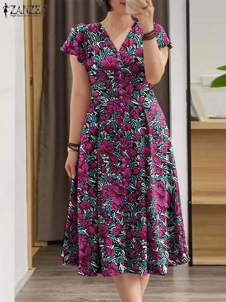 Robe Mi-Longue Femme Fleurie — Taille Cinée Col V Manches Courtes