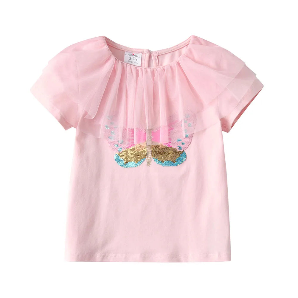 T-Shirt Fille Papillon Paillettes — Manches Courtes Coton Enfant