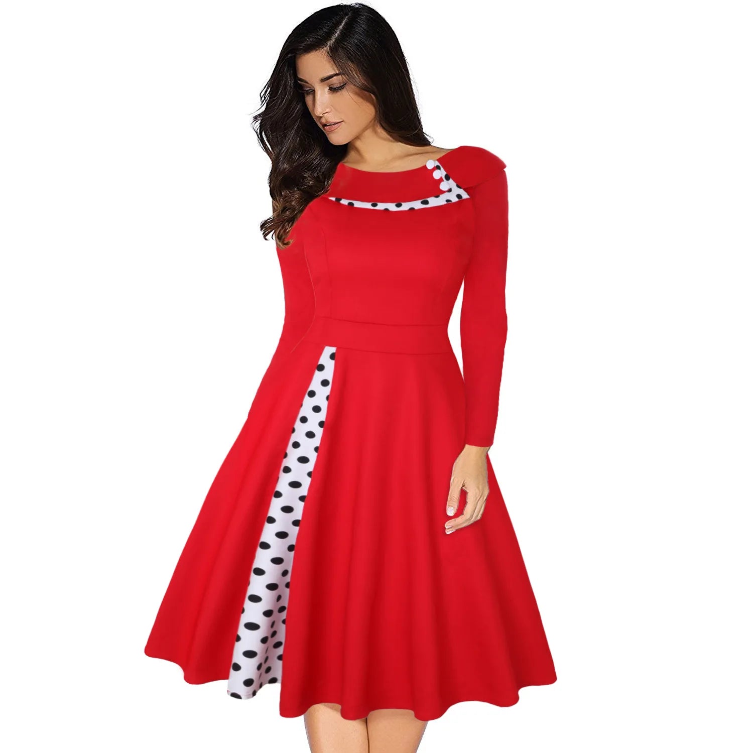 Robe Vintage Rockabilly À Pois — Taille Haute Manches Longues Swing