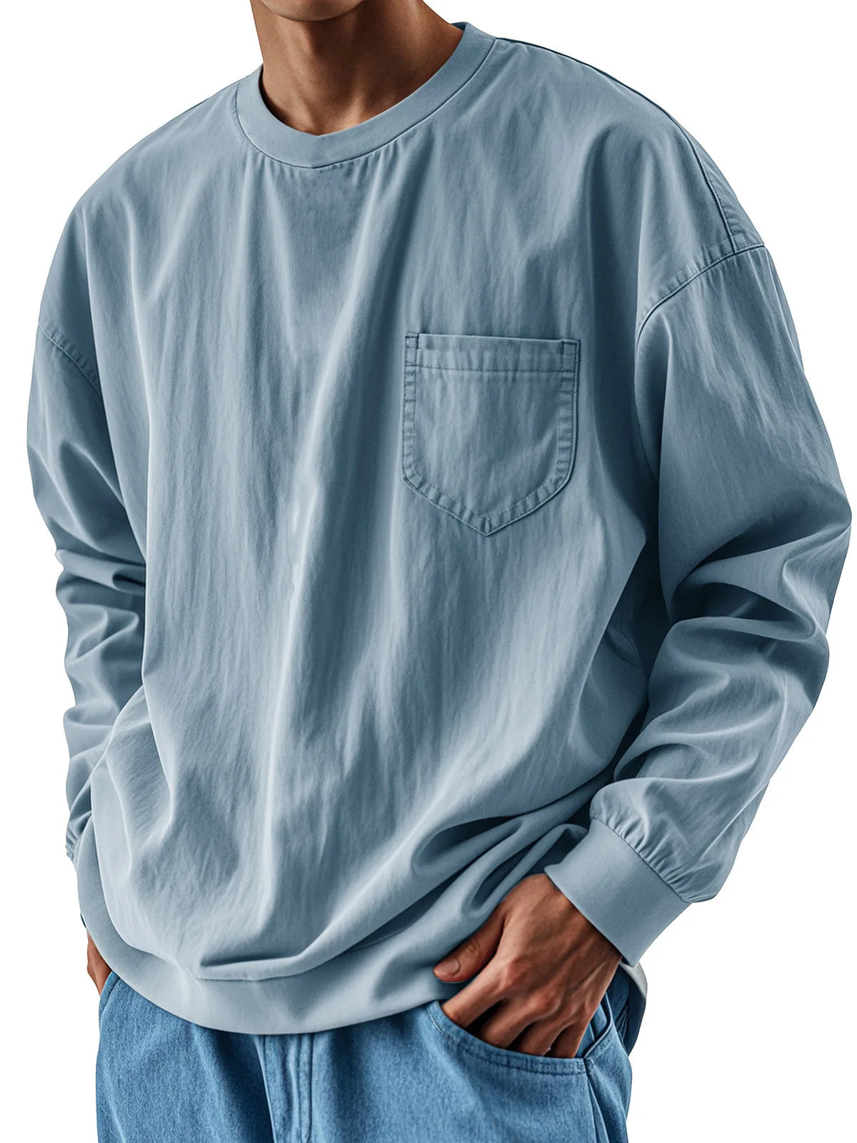 Oversized Loose Long sleeve T-shirt For Men 2025 Spring Fashion Vintage Top Tee Solid Casual Chest Pocket Tshirts streetwear
