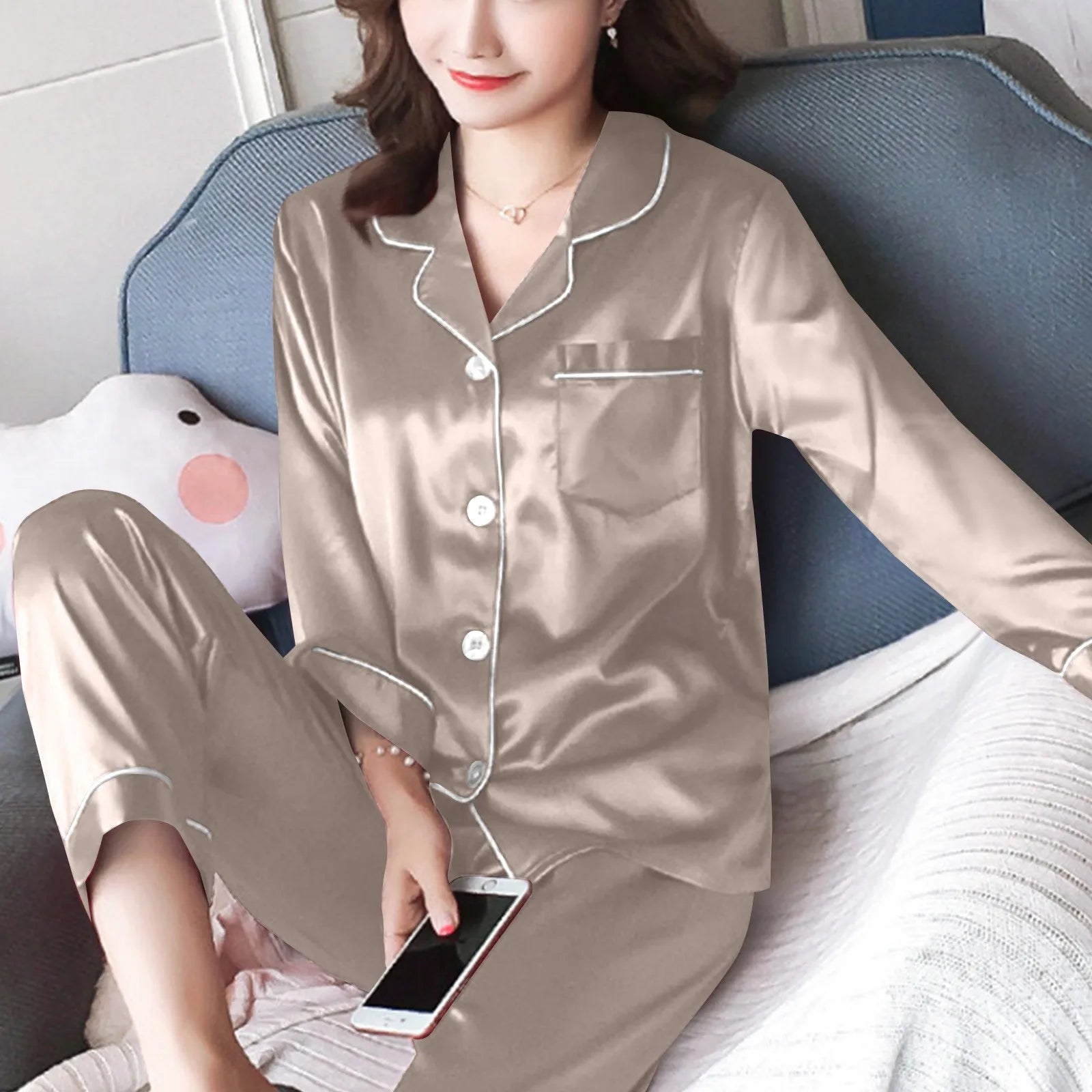 Women Pijama Sets Sleepwear Long-sleeve Cardigan Set Women Pajamas Sets Sexy Silk Polyester Female Pyjamas Home Clothing
