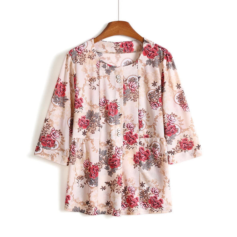 Elegant Oversize Shirts for Women T-SHIRT Tops Loose Vintage Blouse Summer Middle-aged Women's Clothing